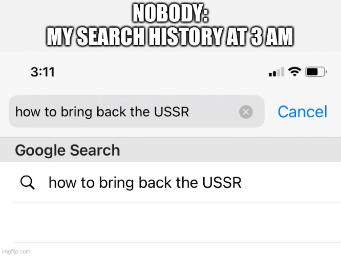 NOBODY:
MY SEARCH HISTORY AT 3 AM | made w/ Imgflip meme maker