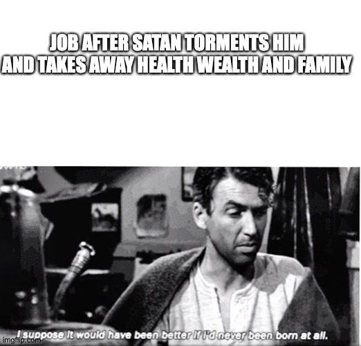Job curses the day of his birth | JOB AFTER SATAN TORMENTS HIM AND TAKES AWAY HEALTH WEALTH AND FAMILY | image tagged in bible verse | made w/ Imgflip meme maker