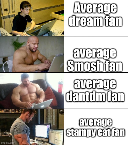 Muscle men computer | Average dream fan; average Smosh fan; average dantdm fan; average stampy cat fan | image tagged in muscle men computer | made w/ Imgflip meme maker