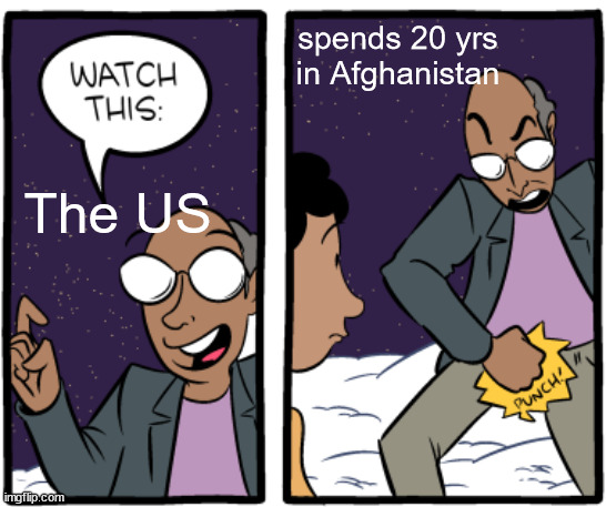 Oddly self-destructive guy | spends 20 yrs in Afghanistan; The US | image tagged in bruh | made w/ Imgflip meme maker