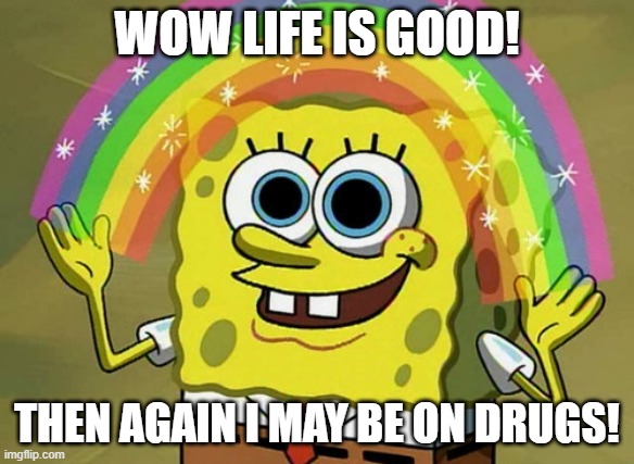 Imagination Spongebob Meme | WOW LIFE IS GOOD! THEN AGAIN I MAY BE ON DRUGS! | image tagged in memes,imagination spongebob | made w/ Imgflip meme maker