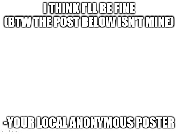A different anonymous poster, and I mean the seal meme | I THINK I'LL BE FINE

(BTW THE POST BELOW ISN'T MINE); -YOUR LOCAL ANONYMOUS POSTER | image tagged in blank white template | made w/ Imgflip meme maker