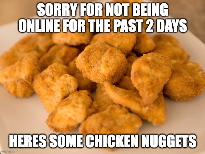 Chicken Nuggets | SORRY FOR NOT BEING ONLINE FOR THE PAST 2 DAYS; HERES SOME CHICKEN NUGGETS | image tagged in chicken nuggets | made w/ Imgflip meme maker