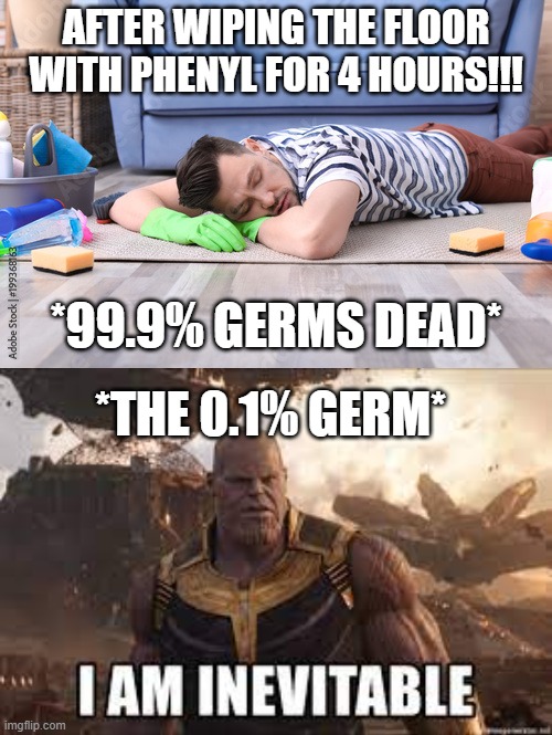 The 0.1% germ be like | AFTER WIPING THE FLOOR WITH PHENYL FOR 4 HOURS!!! *99.9% GERMS DEAD*; *THE 0.1% GERM* | image tagged in thanos,i_am_inevitable | made w/ Imgflip meme maker