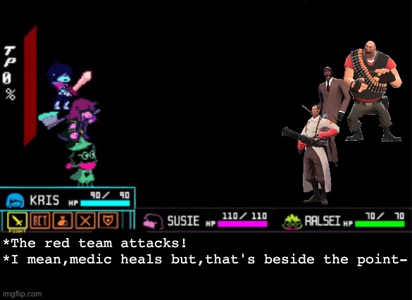 Blank Deltarune Battle | *The red team attacks!

*I mean,medic heals but,that's beside the point- | image tagged in blank deltarune battle | made w/ Imgflip meme maker