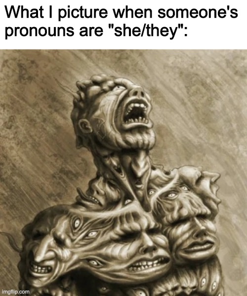 "I am Legion, for we are many" (Mark 5:9) | What I picture when someone's
pronouns are "she/they": | image tagged in transgender,demon,pronouns,funny,memes,politics | made w/ Imgflip meme maker