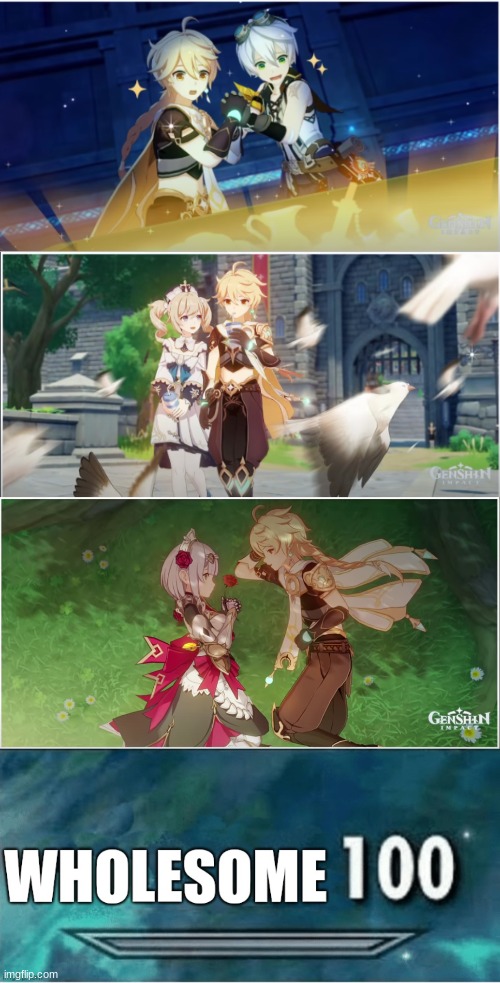 why are the genshin impact quest photos so WHOLESOME? | image tagged in genshin impact,wholesome 100,photos are from bwaap,aether and barbara,aether and bennett,aether and noelle | made w/ Imgflip meme maker