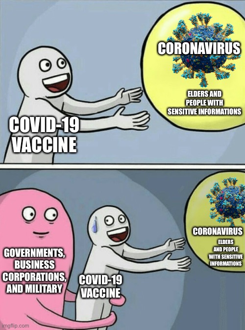 The truth behind 2020 coronavirus.... | CORONAVIRUS; ELDERS AND PEOPLE WITH SENSITIVE INFORMATIONS; COVID-19 VACCINE; CORONAVIRUS; ELDERS AND PEOPLE WITH SENSITIVE INFORMATIONS; GOVERNMENTS, BUSINESS CORPORATIONS, AND MILITARY; COVID-19 VACCINE | image tagged in memes,running away balloon,covid-19,coronavirus,government,business | made w/ Imgflip meme maker