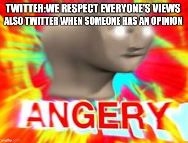 Surreal Angery | TWITTER:WE RESPECT EVERYONE'S VIEWS; ALSO TWITTER WHEN SOMEONE HAS AN OPINION | image tagged in surreal angery | made w/ Imgflip meme maker