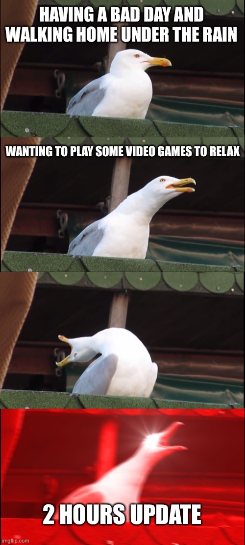 Ahh yes Thursday | HAVING A BAD DAY AND WALKING HOME UNDER THE RAIN; WANTING TO PLAY SOME VIDEO GAMES TO RELAX; 2 HOURS UPDATE | image tagged in memes,inhaling seagull | made w/ Imgflip meme maker