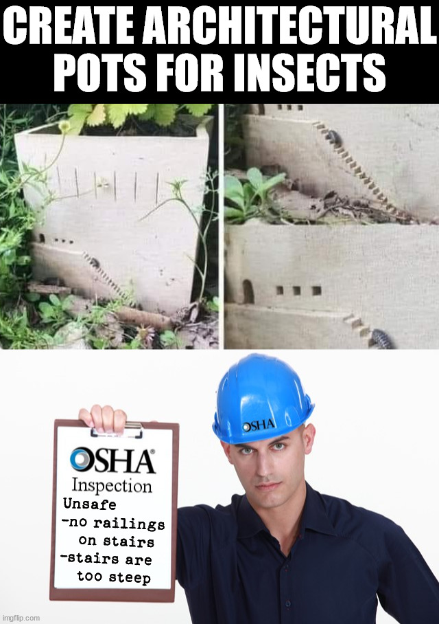 CREATE ARCHITECTURAL POTS FOR INSECTS; Unsafe 
-no railings 
   on stairs
-stairs are 
   too steep | image tagged in osha inspection | made w/ Imgflip meme maker