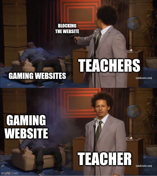 teachers have almost blocked everything now | BLOCKING THE WEBSITE; TEACHERS; GAMING WEBSITES; GAMING WEBSITE; TEACHER | image tagged in memes,who killed hannibal,school | made w/ Imgflip meme maker