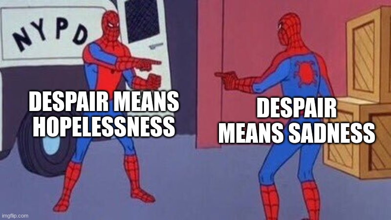 spiderman pointing at spiderman | DESPAIR MEANS HOPELESSNESS; DESPAIR MEANS SADNESS | image tagged in spiderman pointing at spiderman | made w/ Imgflip meme maker
