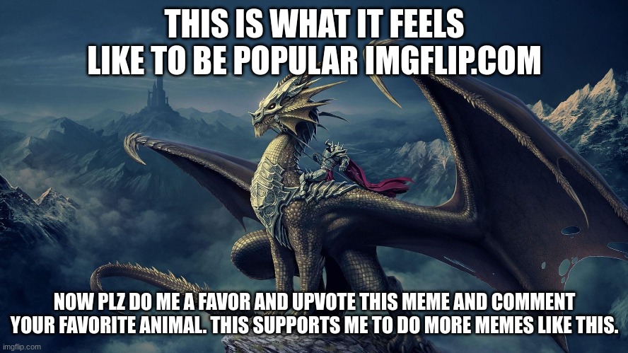 THIS IS WHAT IT FEELS LIKE TO BE POPULAR IMGFLIP.COM; NOW PLZ DO ME A FAVOR AND UPVOTE THIS MEME AND COMMENT YOUR FAVORITE ANIMAL. THIS SUPPORTS ME TO DO MORE MEMES LIKE THIS. | image tagged in popular,viral,dragon | made w/ Imgflip meme maker