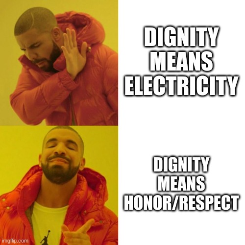 Drake Blank | DIGNITY MEANS ELECTRICITY; DIGNITY MEANS HONOR/RESPECT | image tagged in drake blank | made w/ Imgflip meme maker