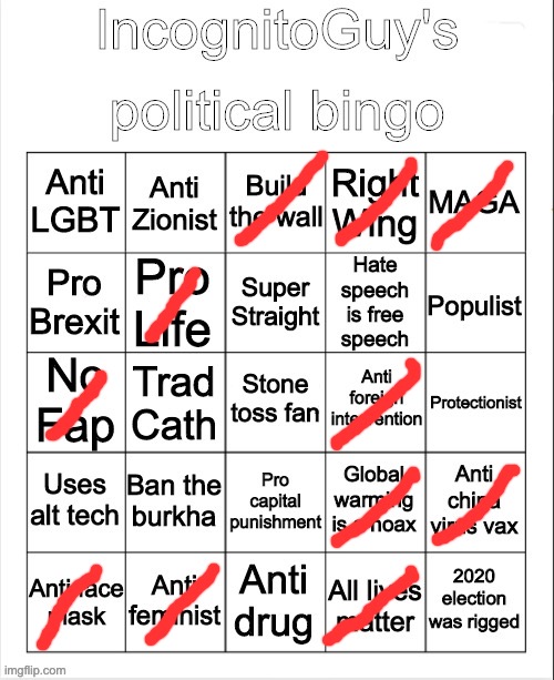 IncognitoGuy’s political bingo | image tagged in political bingo,welcome to imgflip,oh wow are you actually reading these tags | made w/ Imgflip meme maker