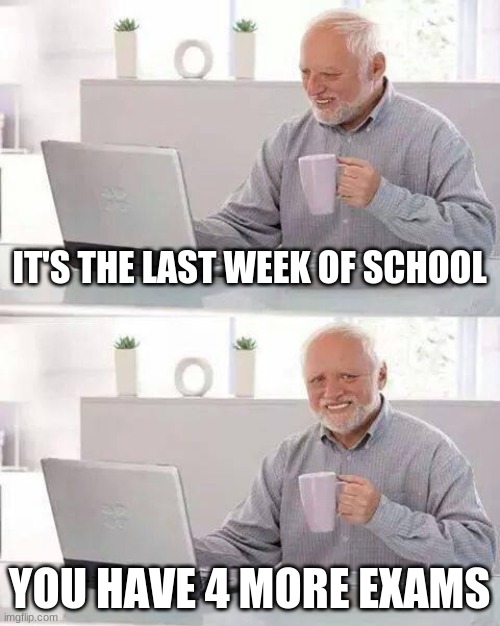 School | IT'S THE LAST WEEK OF SCHOOL; YOU HAVE 4 MORE EXAMS | image tagged in memes,hide the pain harold | made w/ Imgflip meme maker