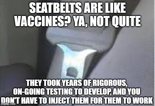Another dumb pro-vaxxer argument destroyed | SEATBELTS ARE LIKE VACCINES? YA, NOT QUITE; THEY TOOK YEARS OF RIGOROUS, ON-GOING TESTING TO DEVELOP, AND YOU DON'T HAVE TO INJECT THEM FOR THEM TO WORK | image tagged in vaccine,vaccines,covid,biden,omicron | made w/ Imgflip meme maker