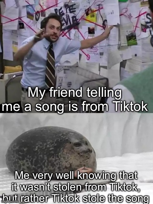 I’m not annoyed at Tiktok’s itself but the fact that everyone thinks all songs are from there when they’re not | My friend telling me a song is from Tiktok; Me very well knowing that it wasn’t stolen from Tiktok, but rather Tiktok stole the song | image tagged in man explaining to seal,tiktok,music,relatable | made w/ Imgflip meme maker