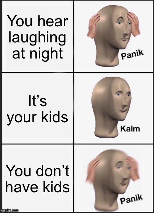 *Insert Title* | You hear laughing at night; It’s your kids; You don’t have kids | image tagged in memes,panik kalm panik | made w/ Imgflip meme maker