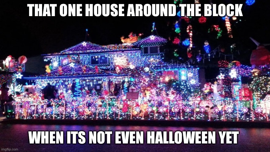 Bruh | THAT ONE HOUSE AROUND THE BLOCK; WHEN ITS NOT EVEN HALLOWEEN YET | image tagged in merry christmas | made w/ Imgflip meme maker