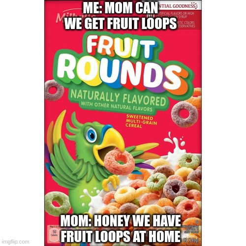 fruit rounds | ME: MOM CAN WE GET FRUIT LOOPS; MOM: HONEY WE HAVE FRUIT LOOPS AT HOME | image tagged in fruit snacks | made w/ Imgflip meme maker