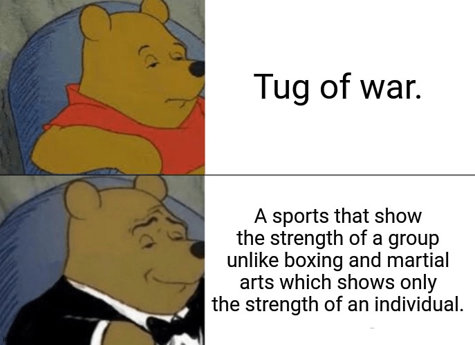 Tuxedo Winnie The Pooh Meme | Tug of war. A sports that show the strength of a group unlike boxing and martial arts which shows only the strength of an individual. | image tagged in memes,tuxedo winnie the pooh,tip | made w/ Imgflip meme maker