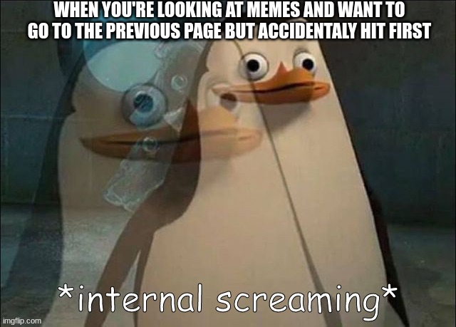 #RELATABLE | WHEN YOU'RE LOOKING AT MEMES AND WANT TO GO TO THE PREVIOUS PAGE BUT ACCIDENTALY HIT FIRST | image tagged in private internal screaming | made w/ Imgflip meme maker