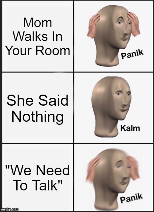 You Mom Walks In | Mom Walks In Your Room; She Said Nothing; "We Need To Talk" | image tagged in memes,panik kalm panik | made w/ Imgflip meme maker