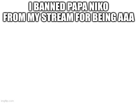 Blank White Template | I BANNED PAPA NIKO FROM MY STREAM FOR BEING AAA | image tagged in blank white template | made w/ Imgflip meme maker