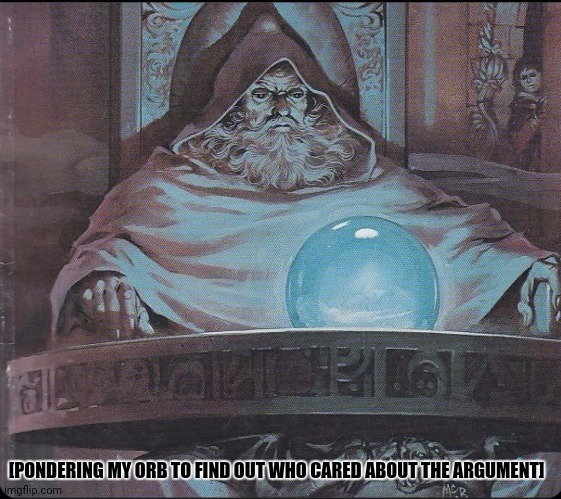 pondering my orb | [PONDERING MY ORB TO FIND OUT WHO CARED ABOUT THE ARGUMENT] | image tagged in memes,pondering,witchcraft | made w/ Imgflip meme maker