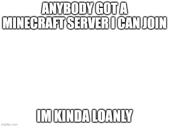 plz | ANYBODY GOT A MINECRAFT SERVER I CAN JOIN; IM KINDA LOANLY | image tagged in blank white template | made w/ Imgflip meme maker