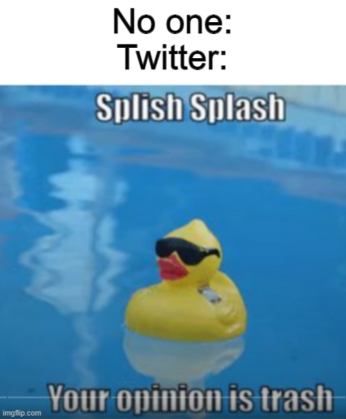 Your opinion is trash | No one:
Twitter: | image tagged in splish splash your opinion is trash | made w/ Imgflip meme maker
