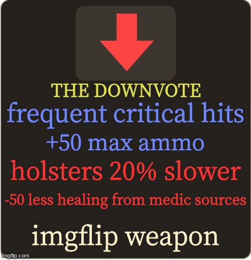 weapon for heavy (300 bullets) | THE DOWNVOTE; frequent critical hits; +50 max ammo; holsters 20% slower; -50 less healing from medic sources; imgflip weapon | image tagged in tf2 custom weapon template 3 | made w/ Imgflip meme maker