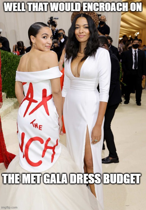 Alexandria Ocasio-Cortez AOC  Met Gala | WELL THAT WOULD ENCROACH ON THE MET GALA DRESS BUDGET | image tagged in alexandria ocasio-cortez aoc met gala | made w/ Imgflip meme maker