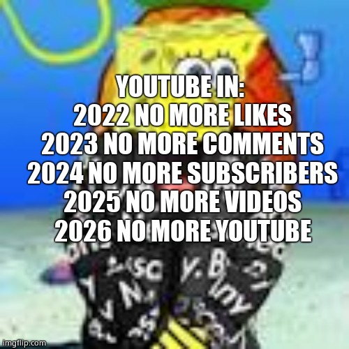 Spongebob Drip | YOUTUBE IN: 
2022 NO MORE LIKES
2023 NO MORE COMMENTS
2024 NO MORE SUBSCRIBERS
2025 NO MORE VIDEOS
2026 NO MORE YOUTUBE | image tagged in spongebob drip | made w/ Imgflip meme maker