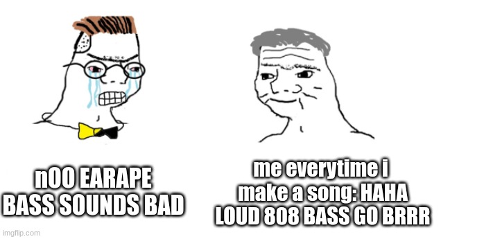 shEET | nOO EARAPE BASS SOUNDS BAD; me everytime i  make a song: HAHA LOUD 808 BASS GO BRRR | image tagged in nooo haha go brrr | made w/ Imgflip meme maker