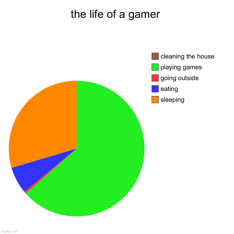 the life of a gamer | sleeping, eating, going outside, playing games, cleaning the house | image tagged in charts,pie charts | made w/ Imgflip chart maker