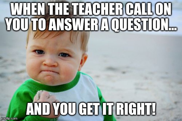 yay | WHEN THE TEACHER CALL ON YOU TO ANSWER A QUESTION... AND YOU GET IT RIGHT! | image tagged in memes,success kid original | made w/ Imgflip meme maker