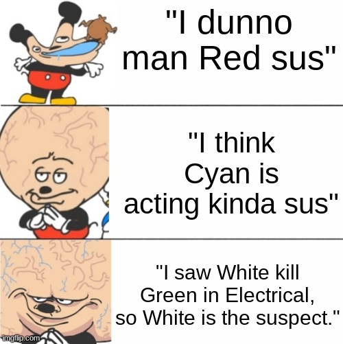 Among Us Meetings in a Nutshell | "I dunno man Red sus"; "I think Cyan is acting kinda sus"; "I saw White kill Green in Electrical, so White is the suspect." | image tagged in expanding brain mokey,among us meeting,among us | made w/ Imgflip meme maker