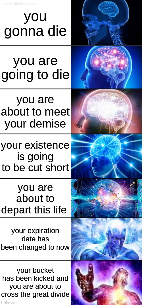 die | you gonna die; you are going to die; you are about to meet your demise; your existence is going to be cut short; you are about to depart this life; your expiration date has been changed to now; your bucket has been kicked and you are about to cross the great divide | image tagged in 7-tier expanding brain | made w/ Imgflip meme maker