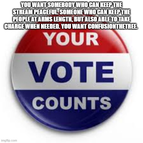 Vote Confusionthetree for HOS for IUP primaries! | YOU WANT SOMEBODY WHO CAN KEEP THE STREAM PEACEFUL. SOMEONE WHO CAN KEEP THE PEOPLE AT ARMS LENGTH, BUT ALSO ABLE TO TAKE CHARGE WHEN NEEDED. YOU WANT CONFUSIONTHETREE. | image tagged in vote | made w/ Imgflip meme maker