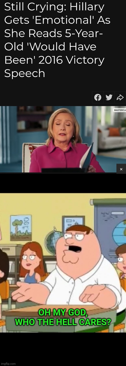 I could have been big! | OH MY GOD,
WHO THE HELL CARES? | image tagged in who the hell cares,hillary clinton,hillary clinton 2016,election 2016 | made w/ Imgflip meme maker