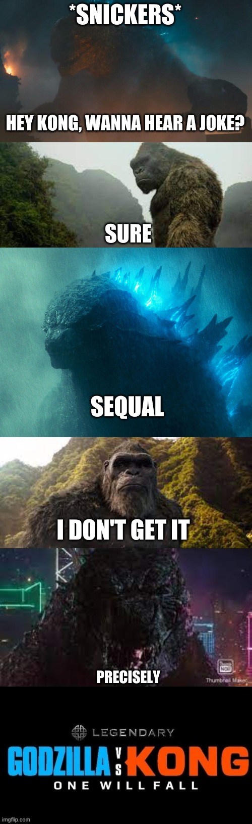 HAAHAHAHAHAHAHHA | *SNICKERS*; HEY KONG, WANNA HEAR A JOKE? SURE; SEQUAL; I DON'T GET IT; PRECISELY | image tagged in godzilla vs kong | made w/ Imgflip meme maker