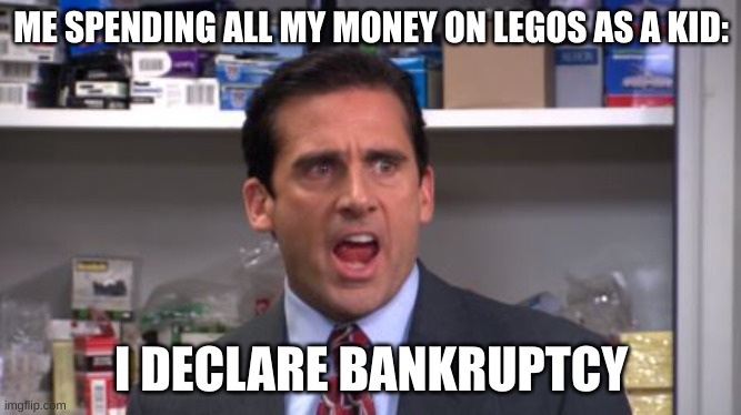 SCOTT | ME SPENDING ALL MY MONEY ON LEGOS AS A KID:; I DECLARE BANKRUPTCY | image tagged in the office bankruptcy | made w/ Imgflip meme maker