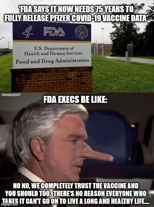 I guess we were all born yesterday..... | 'FDA SAYS IT NOW NEEDS 75 YEARS TO FULLY RELEASE PFIZER COVID-19 VACCINE DATA'; FDA EXECS BE LIKE:; NO NO, WE COMPLETELY TRUST THE VACCINE AND YOU SHOULD TOO.  THERE'S NO REASON EVERYONE WHO TAKES IT CAN'T GO ON TO LIVE A LONG AND HEALTHY LIFE.... | image tagged in memes,fda lies,covid vaccine,leftist nonsense,75 years to tell the truth | made w/ Imgflip meme maker