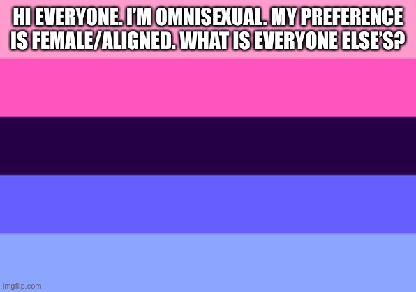 Why hello there | HI EVERYONE. I’M OMNISEXUAL. MY PREFERENCE IS FEMALE/ALIGNED. WHAT IS EVERYONE ELSE’S? | image tagged in omnisexual template | made w/ Imgflip meme maker