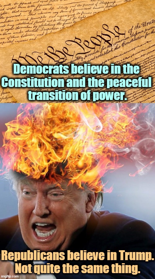 Democrats believe in the 
Constitution and the peaceful 
transition of power. Republicans believe in Trump.
Not quite the same thing. | image tagged in us constitution,trump hair on fire liar narcissist infantile angry,democrats,democracy,trump,dictator | made w/ Imgflip meme maker
