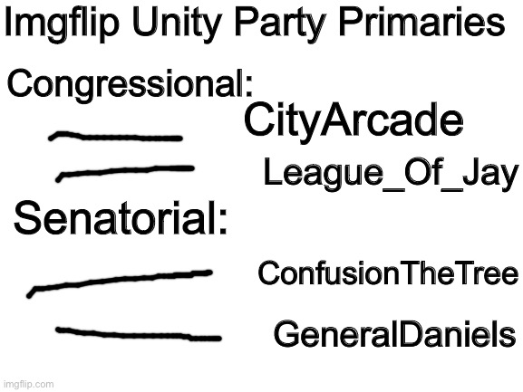 I have decided to make a ballot for the primaries election. Save this image and vote on the stream. Voting lasts until the 10th. |  Imgflip Unity Party Primaries; Congressional:; CityArcade; League_Of_Jay; Senatorial:; ConfusionTheTree; GeneralDaniels | image tagged in blank white template | made w/ Imgflip meme maker