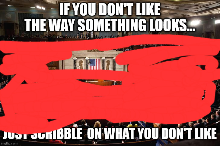 scribble | IF YOU DON'T LIKE THE WAY SOMETHING LOOKS... JUST SCRIBBLE  ON WHAT YOU DON'T LIKE | image tagged in us congress | made w/ Imgflip meme maker